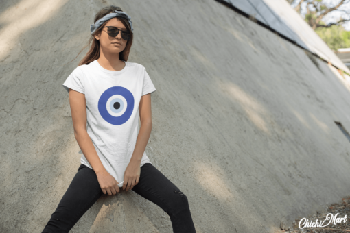 chichimart - evil eye design on white t-shirt for women